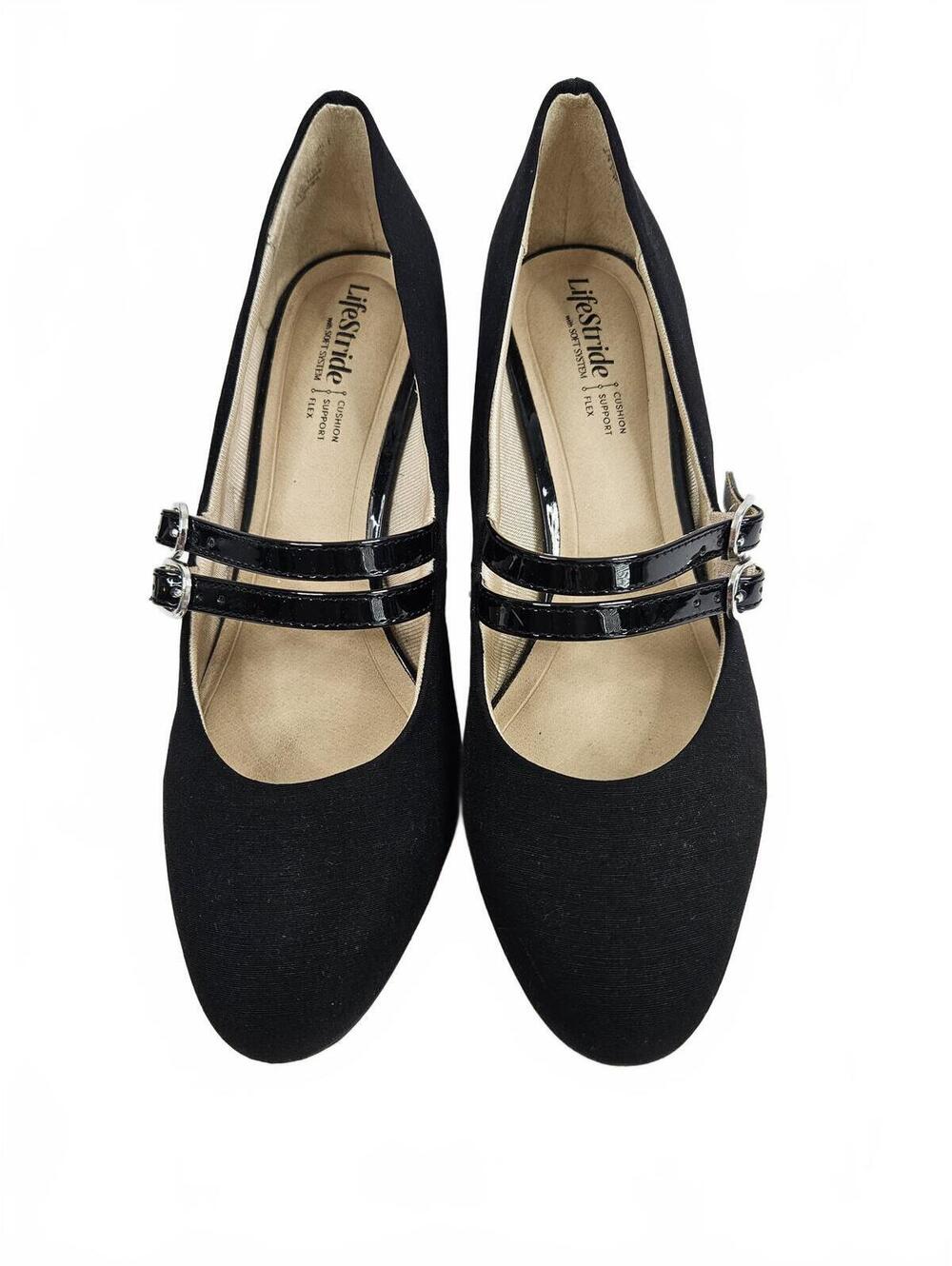 LifeStride Blk Mary Jane Heels w/ Double Patent Straps Soft System Instep 8.5M